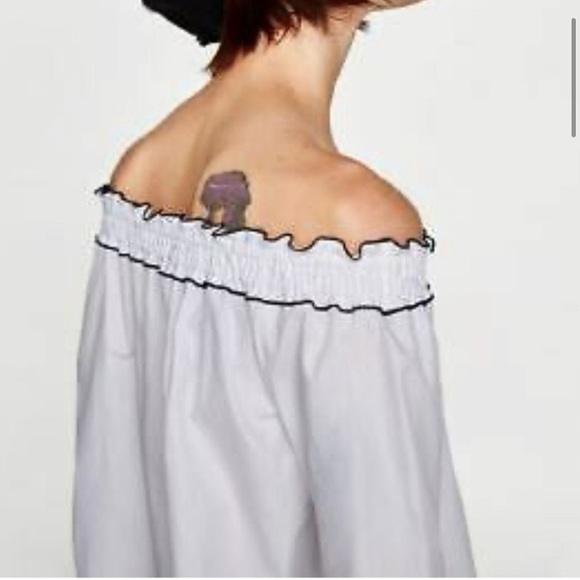 π² ZARA BOHO WHITE BLACK LACE BELL SLEEVE LOOSE FIT OPEN SHOULDER RUFFLE TOP! - Picture 10 of 16